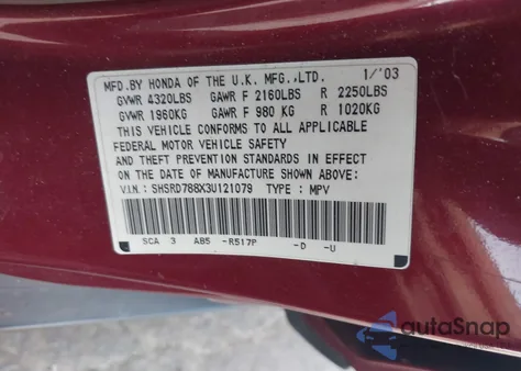 2003 Honda Cr-V Ex z USA, uszkodzony, nr VIN SHSRD788X3U121079